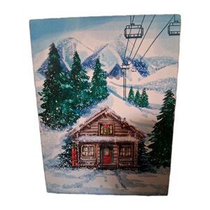 NEW 5.25"x7" Christmas Cabin Wood Block Decor Mountains Ski Lift Table Wall
